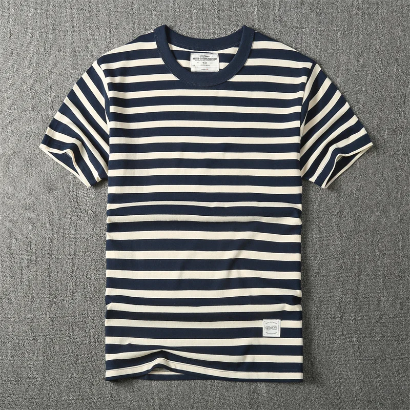 Summer New American Retro Short-sleeved O-neck Navy Stripe T-shirt Men\'s Fashion Simple 100% Cotton Washed Casual Sport Tops