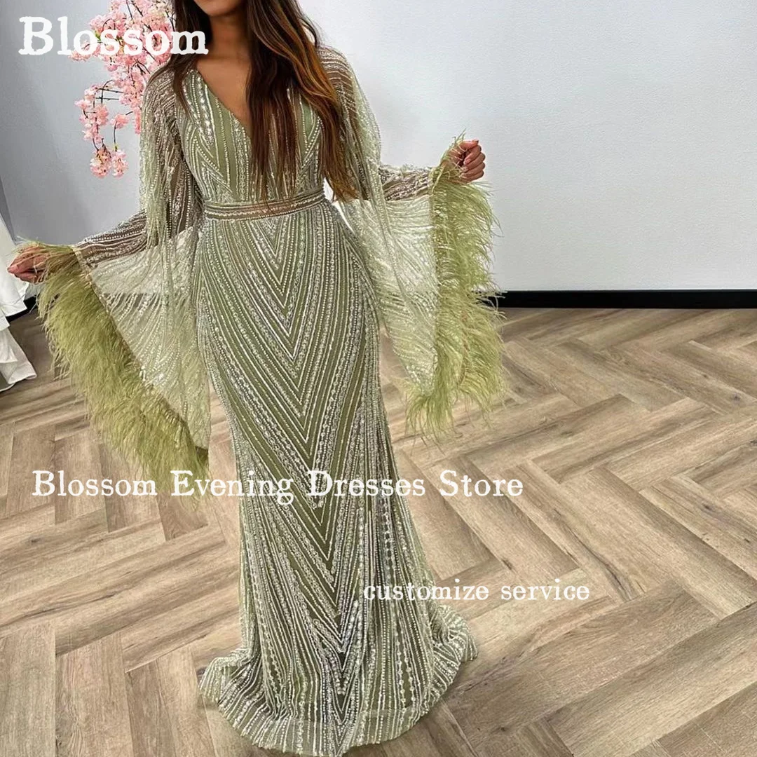 

Sage Green V-neck Feathers Evening Dresses 2024 Sequins Tulle Flare Long Sleeves Wedding Party Gown Formal Prom Dresses