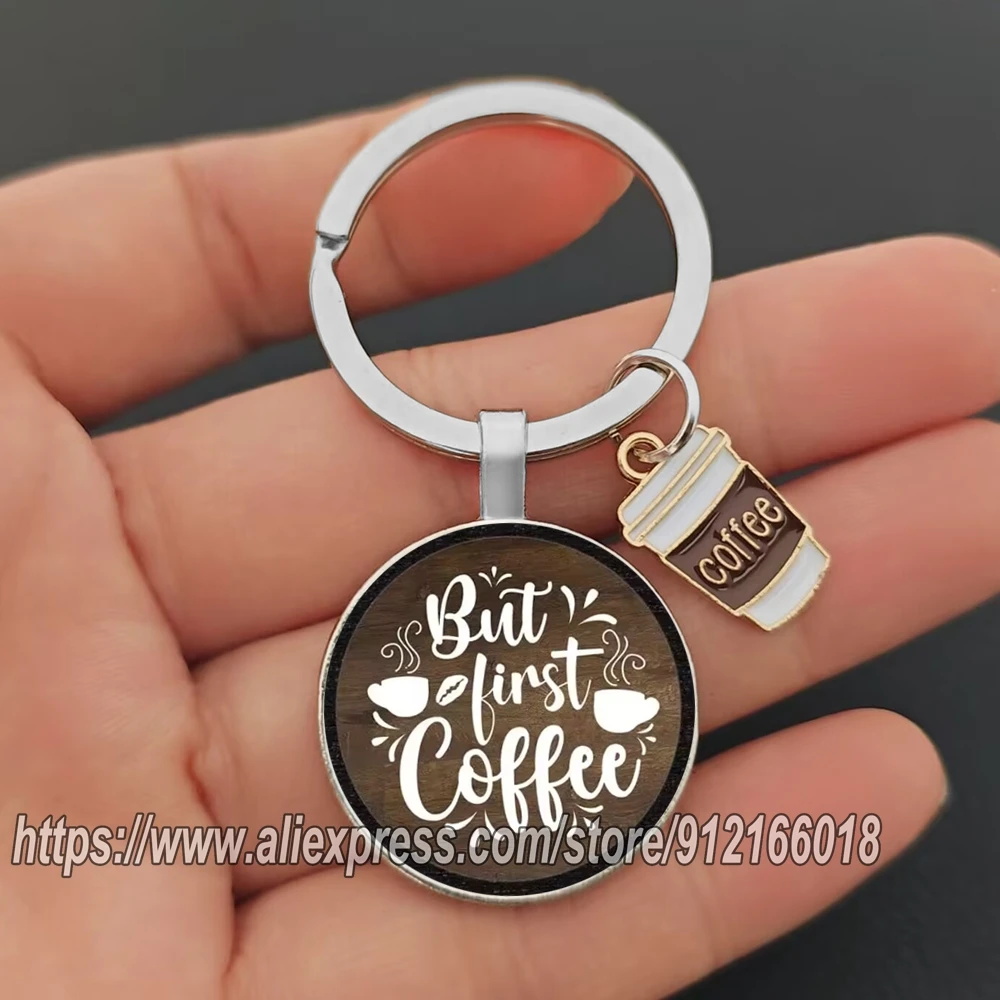 I Love Coffee Keychain for Women Glass Cabochon Keyring Car Bag Pendant Keychain Coffe First Key Ring for Purse Bag