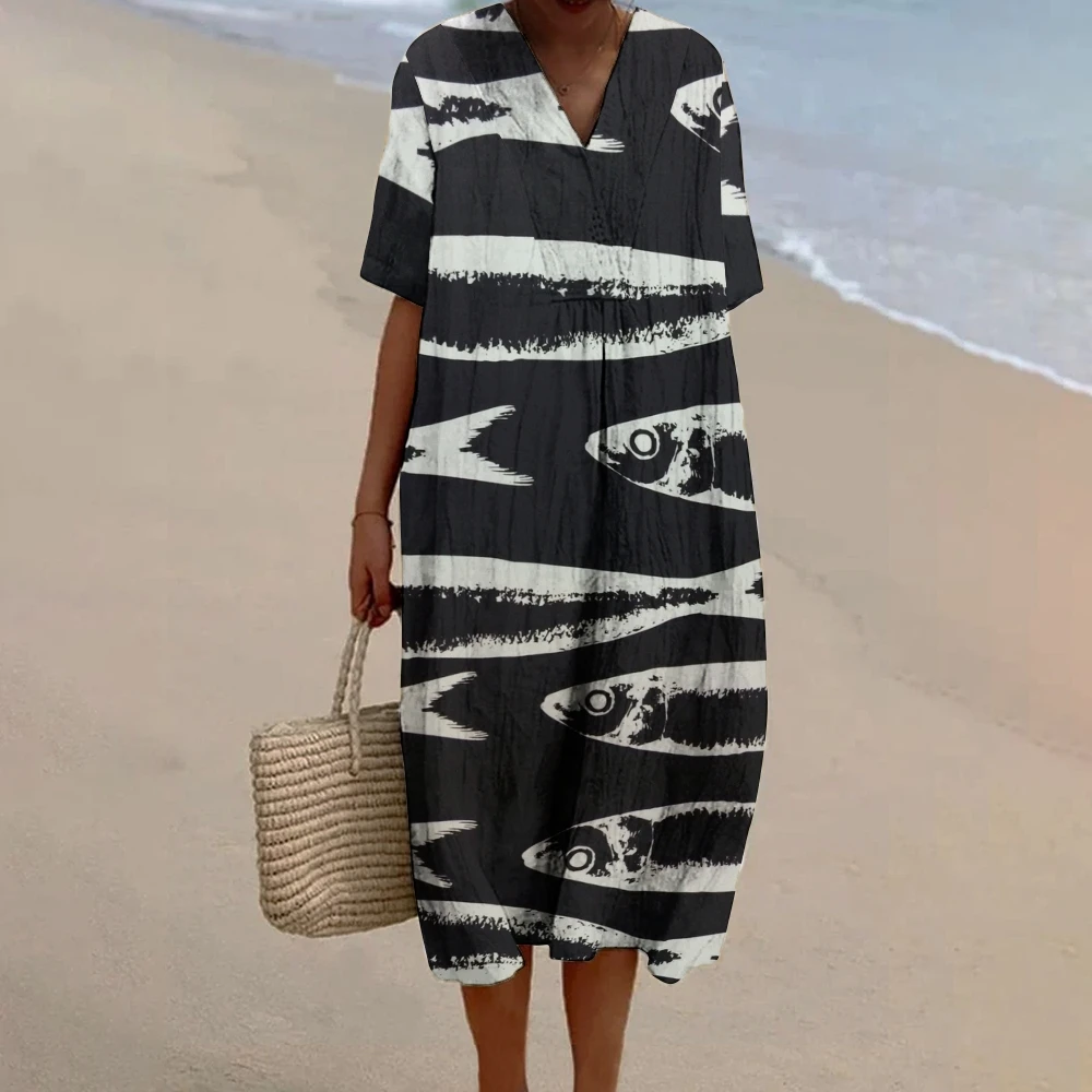 Sardines Fish Print Dress Women 2024 Maxi Baggy Dress Vintage V Neck A-line Elegant Dresses Luxury Brand Linen Beach Skirt