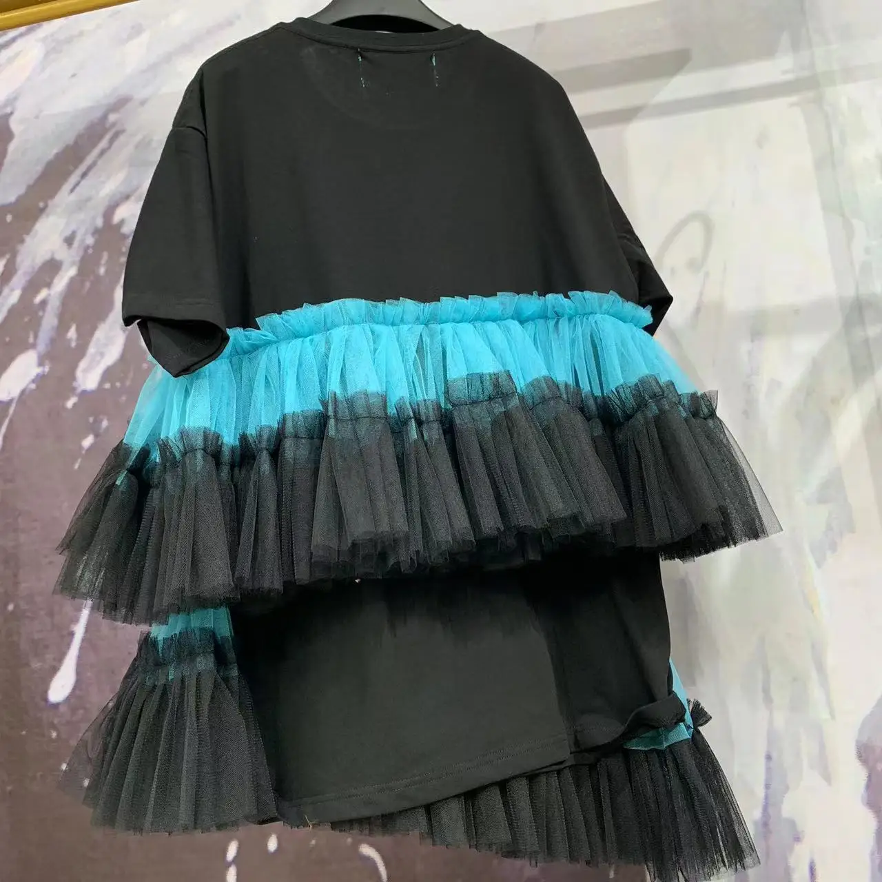 New Design 2023 Spring Summer Women Short Sleeve T-shirt Loose Oversize Top Patchwork Mesh Ruffles Mid-long Tee Dresses Casual