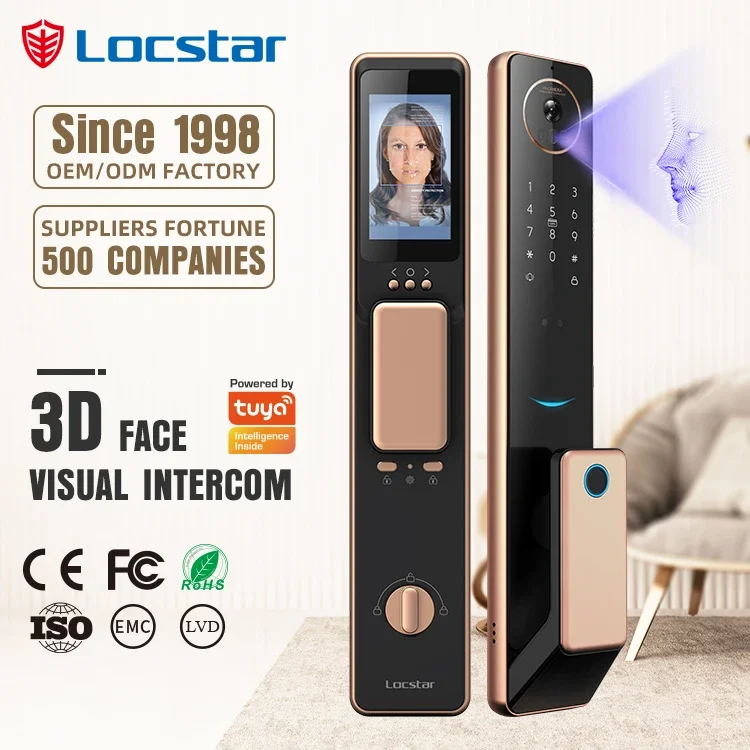 2024 Locstar Tuya Wifi Golden Video 3D Face Recognition Fingerprint Digital Smart Door Lock From Alibaba Certification Factory