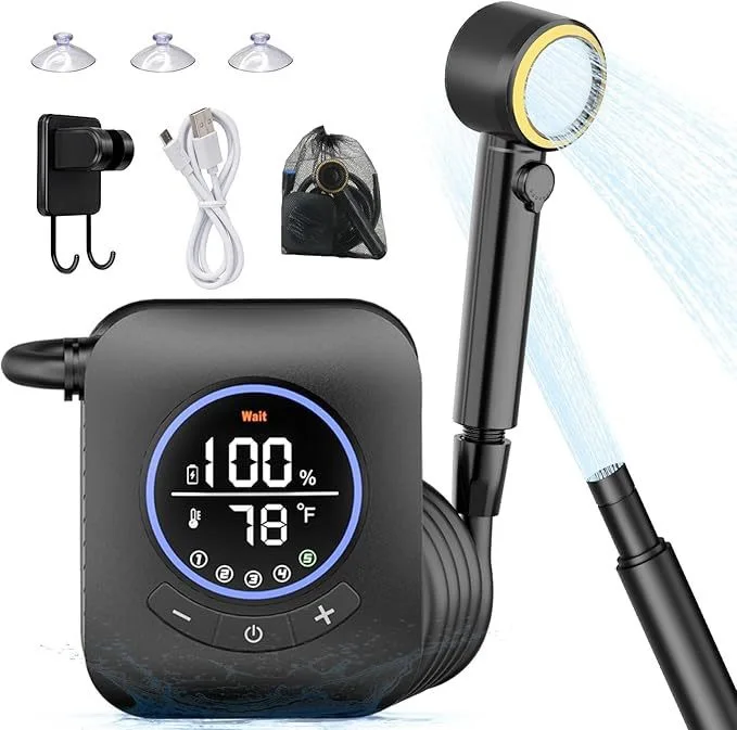 2025 New 5-Speed Outdoor Shower Bathing Gadget Camping Construction Site Dormitory Electric Shower Set Built-in 8000mAh Battery