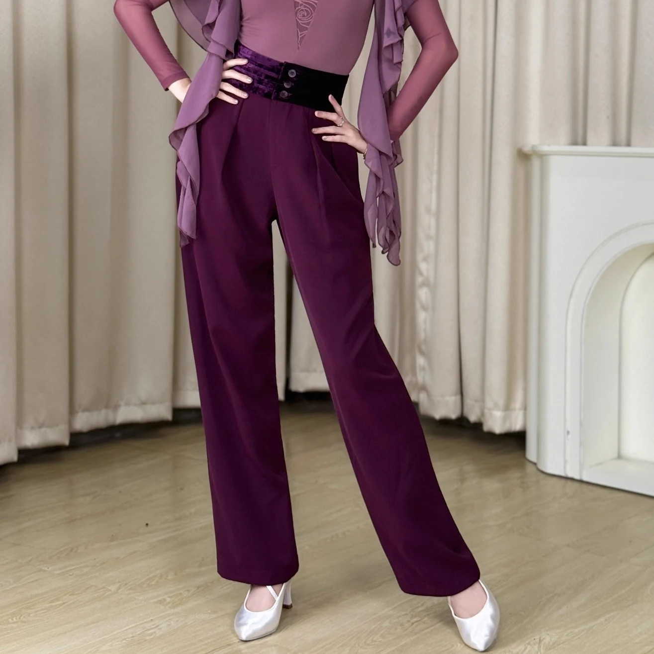 Pantaloni da ballo da sala viola Valzer Abiti da ballo latino Donna Pantaloni a vita alta a gamba larga Abbigliamento da ballo standard per adulti BL17693