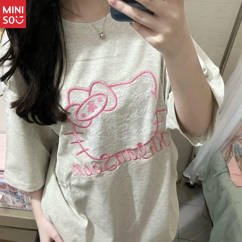 

Miniso Embroidered Round Neck Tee 2025, Loose Fit Casual Top for Women
