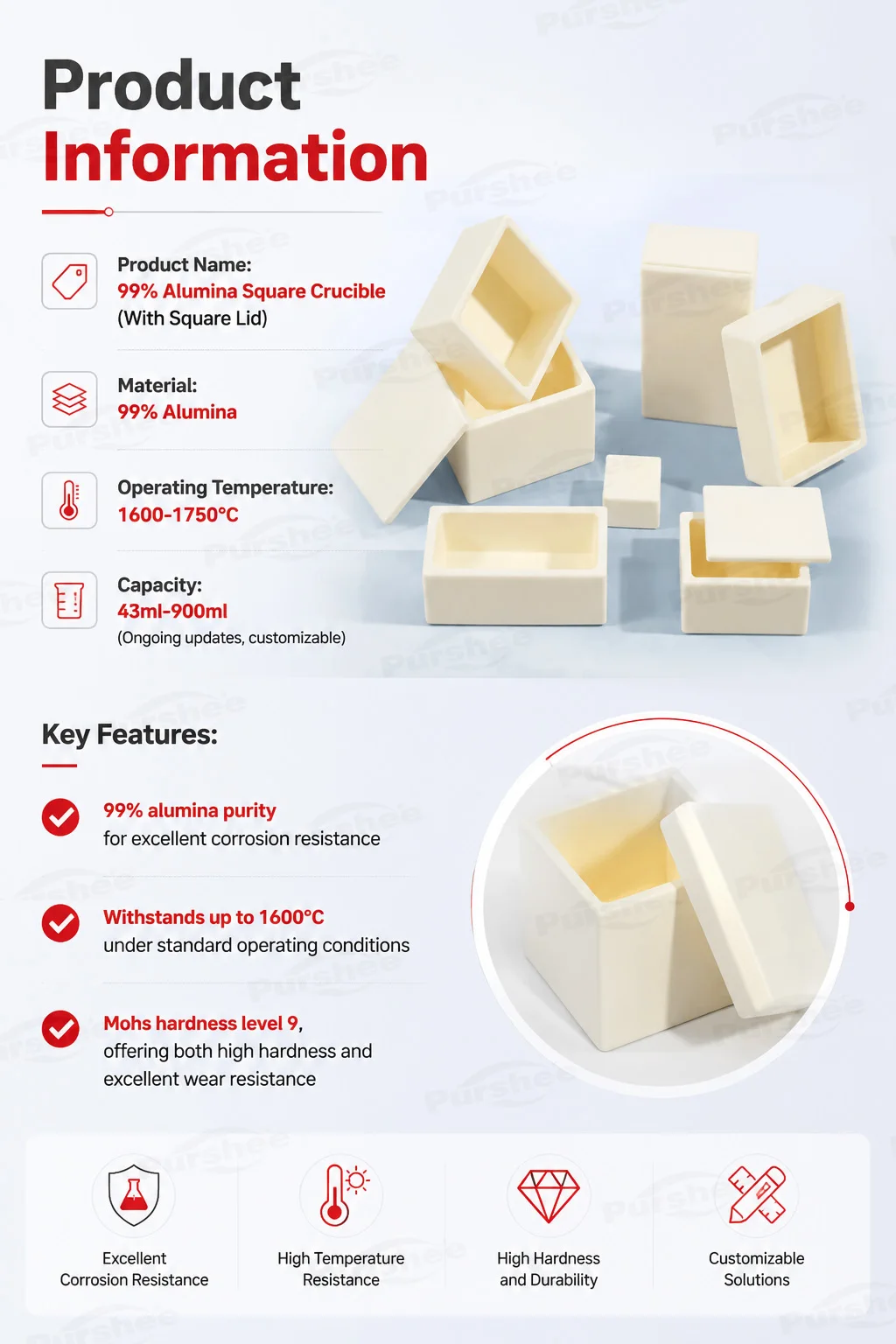 Quadratischer Tiegel aus 99% Aluminiumoxid mit quadratischem, flachem Deckel, Seitenlänge ≤135mm, Keramiktiegel für Labor-Sintern und Kalzinierung – Detail 3