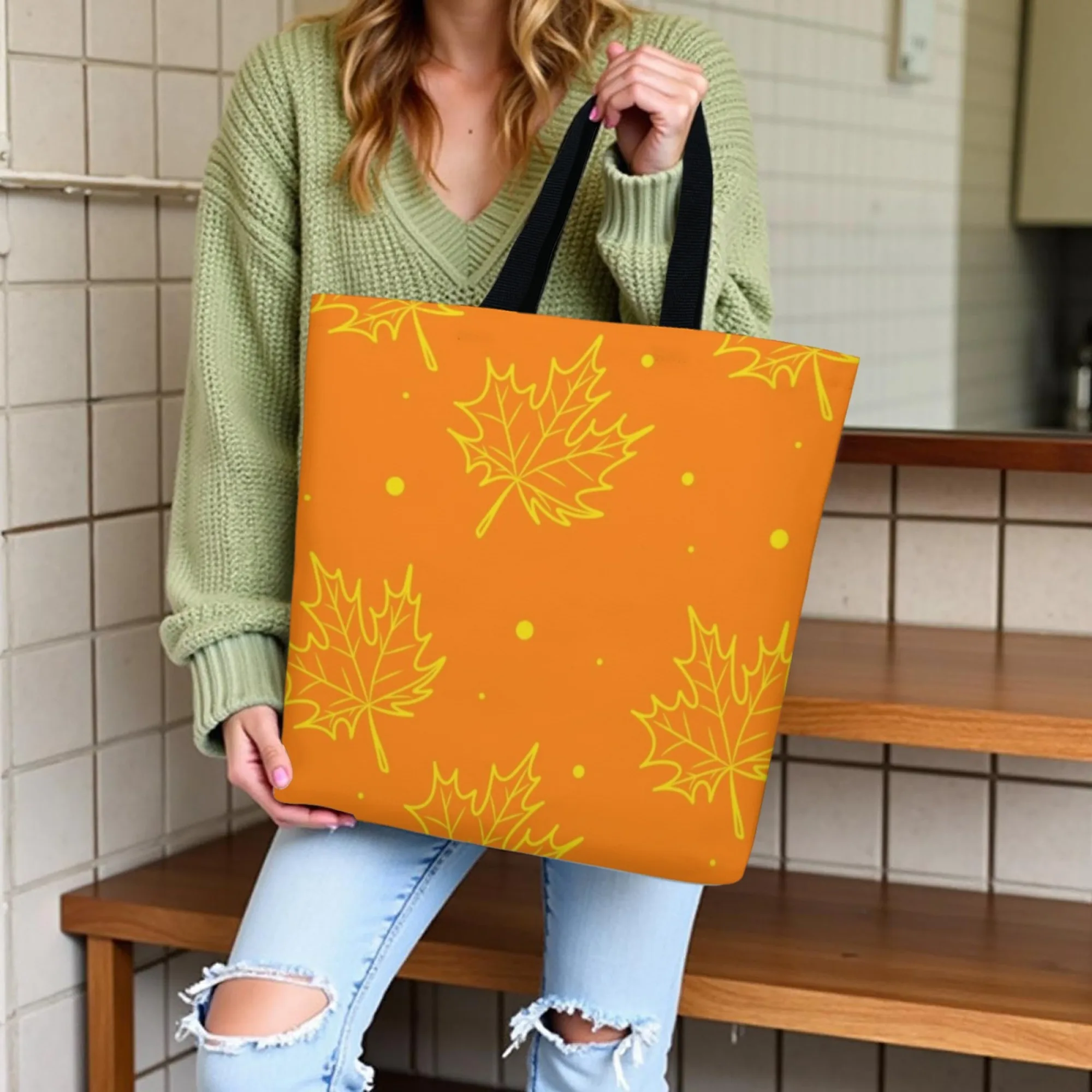 حقيبة تسوق نسائية بسيطة لمهرجان الخريف من قماش القيقب باللون البرتقالي الذهبي على شكل أوراق شجر للاستخدام اليومي للعمل والشارع