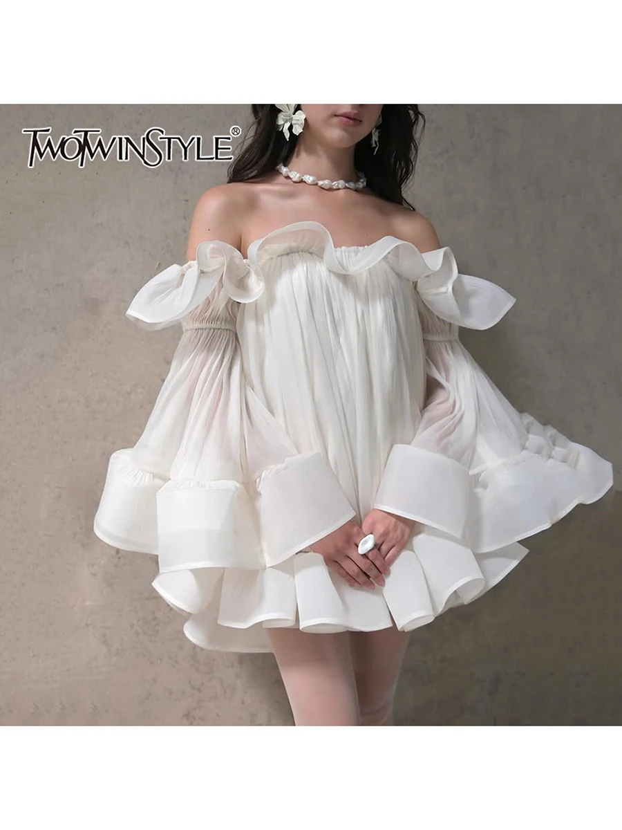 TWOTWINSTYLE Solid Sheer Spliced Ruffles Folds Mini Dresses for Women Slash Neck Long Sleeves Elegant Dress Female Clothing New