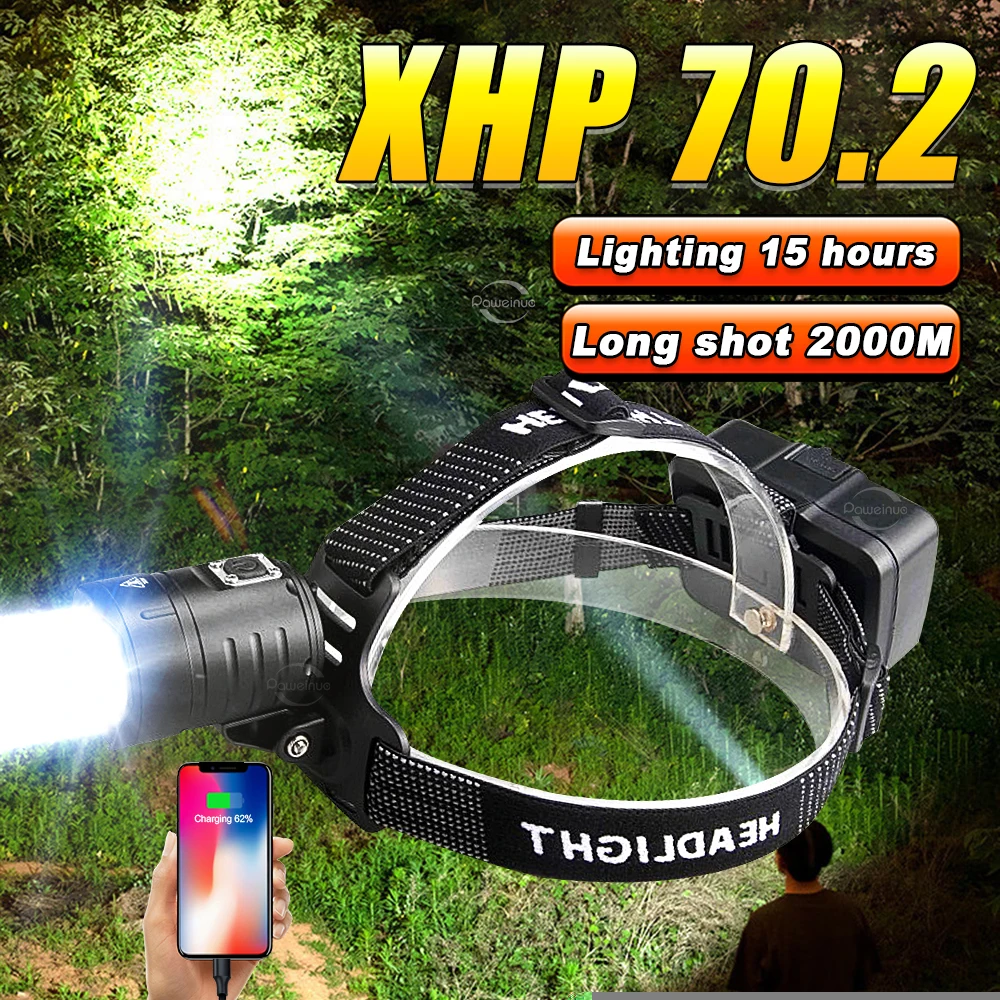 XHP70.2 Super Powerful Headlamp 3*18650 Rechargeable Head Flashlight High Power Headlight Led Head Lamp 2000M Fishing Lantern