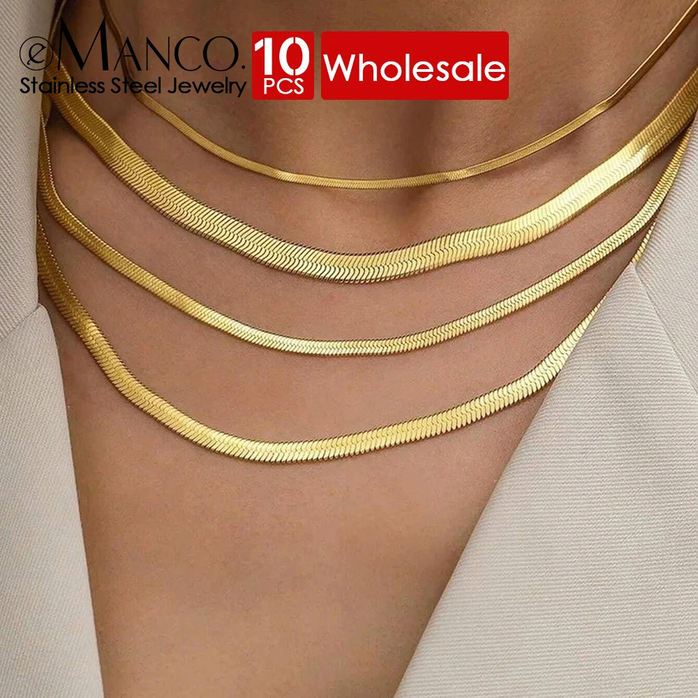 eManco 10PCS Unisex Snake Chain for Women Necklace Choker Stainless Steel Gold Color Blade Chain Necklace Jewelry Wholesale