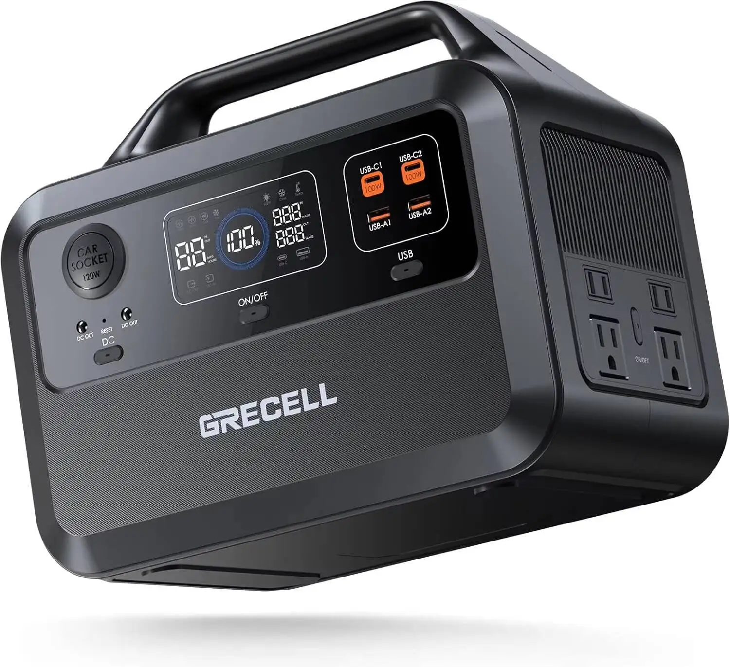 GRECELL Portable Power Station 600W(Peak 1200W), 460Wh LiFePO4 Battery, 1.5hrs Fast Charging, 110V Pure Sine Wave AC Outlet Back