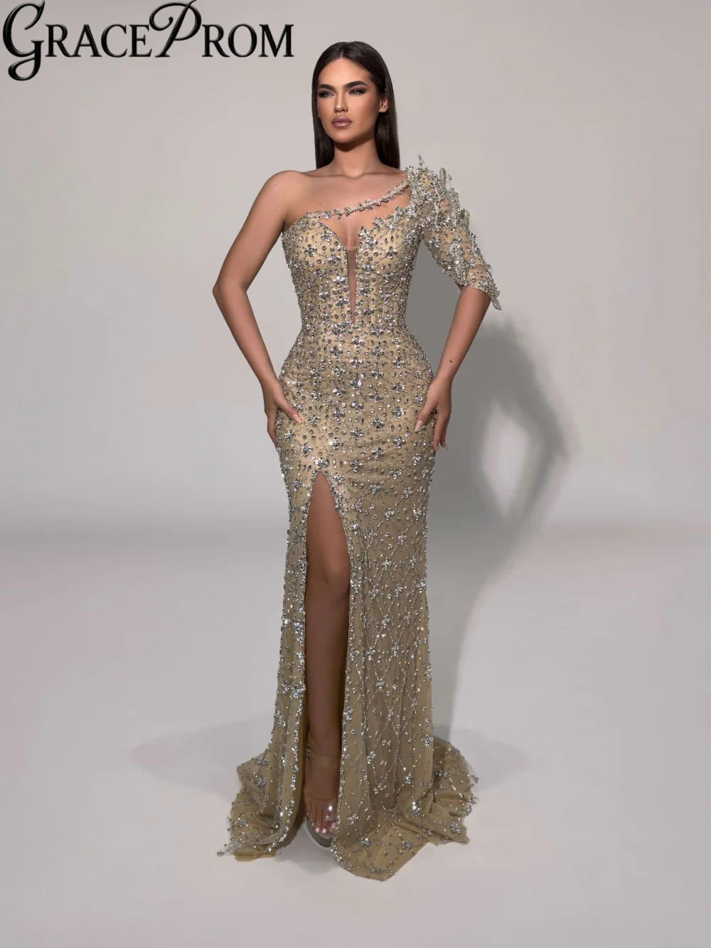 

Captivating Silver Crystal Evening Dress Stylish One Shoulder High Slit Formal Party Gown Customized Mermaid Banquet Gowns