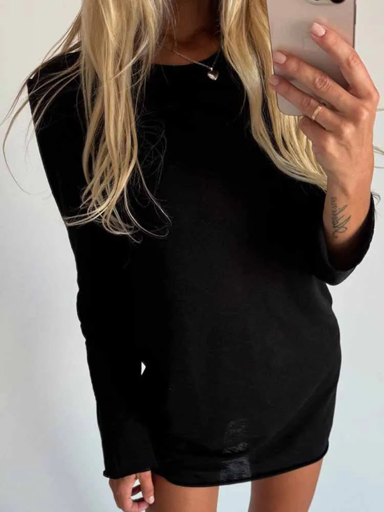 MCDV Casual Basic Mini-jurk met lange mouwen Dames Herfst Effen Gebreid O-hals Slim Fit Nachtkleding T-shirt Jurken Luie dagelijkse kleding