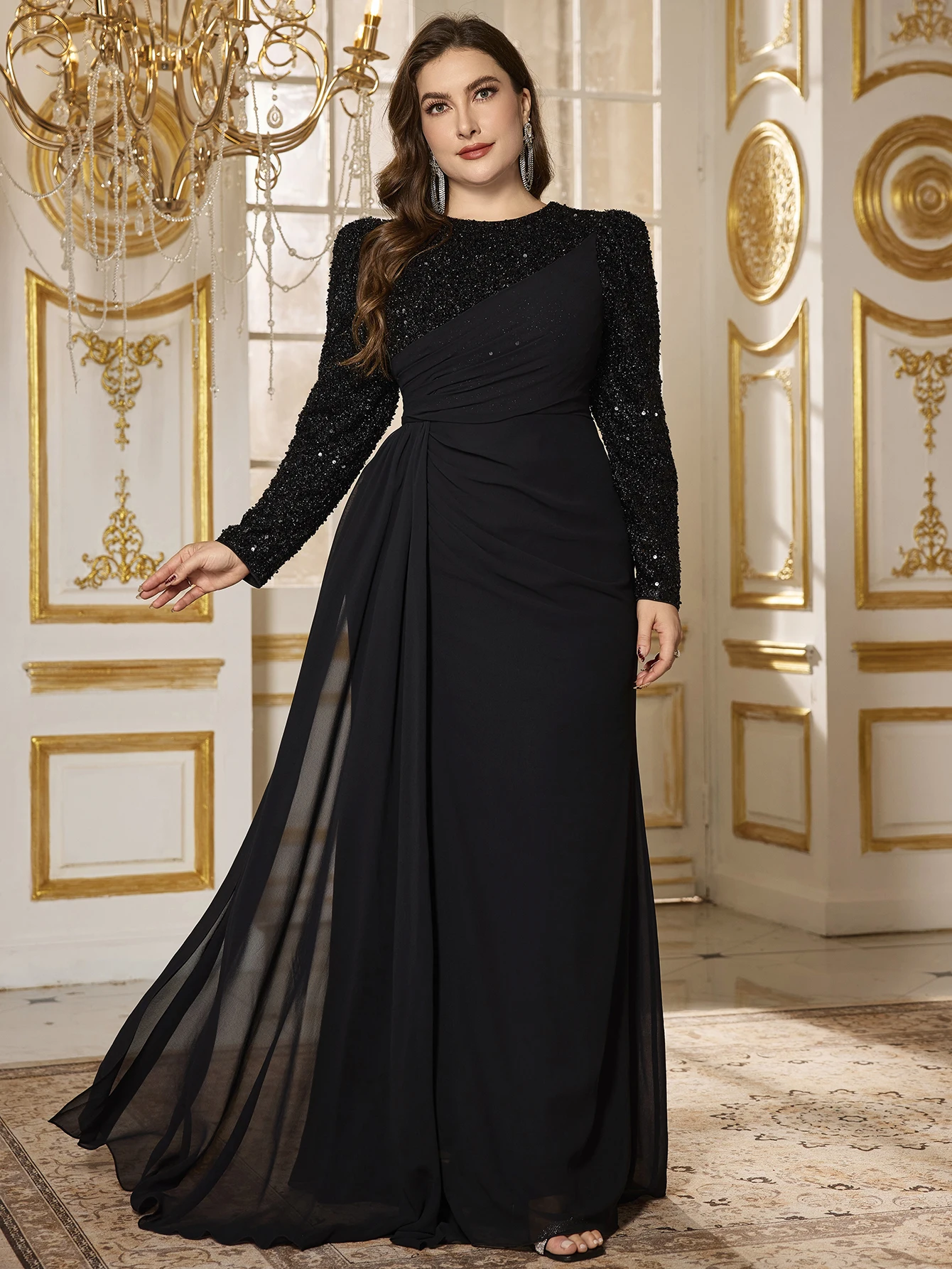 

Вечернее платье UNITHORSE больших размеров для женщин: элегантное, с круглым вырезом, пайетками, шифоновыми вставками и высоким разрезом