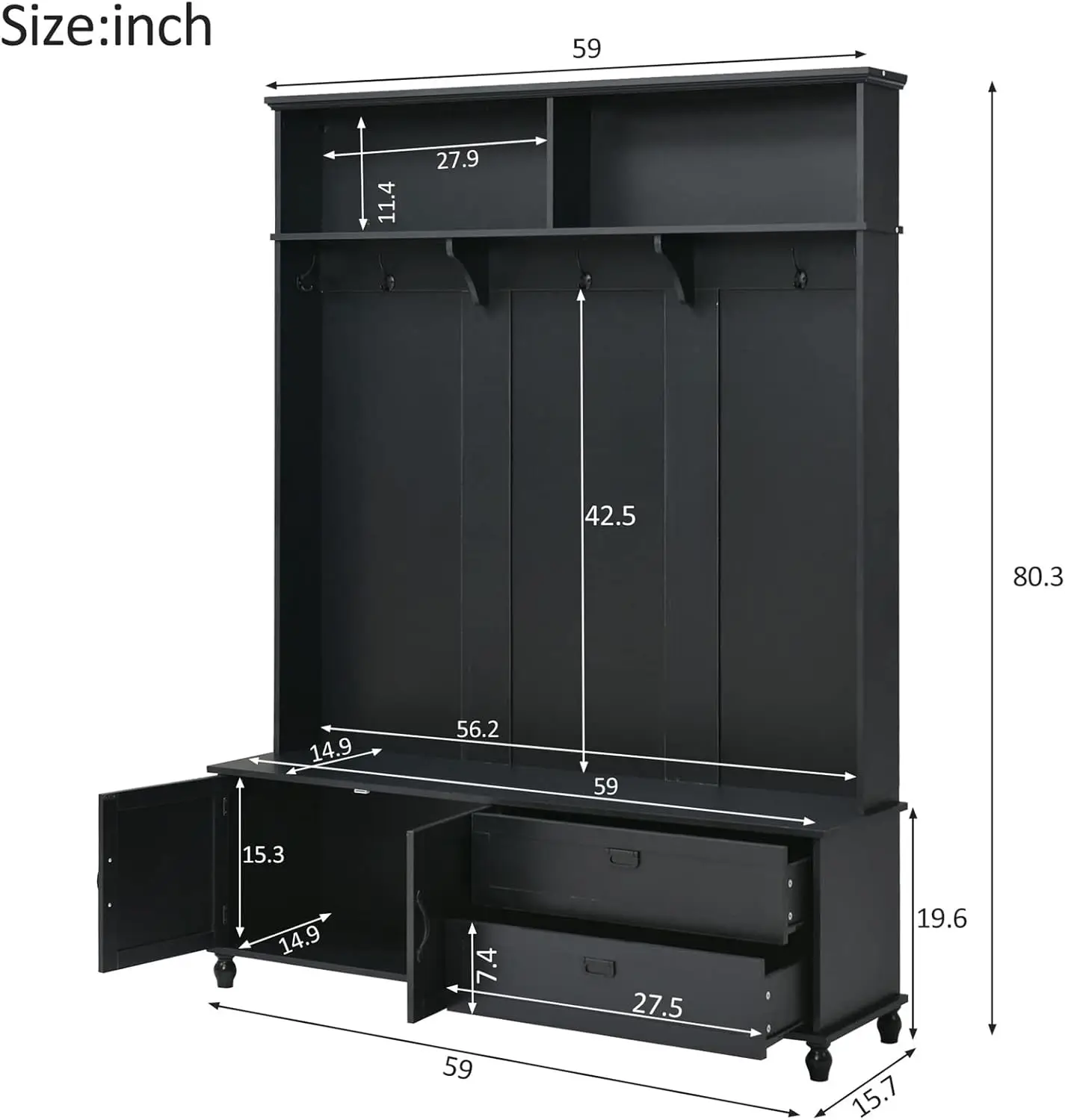 Widen Hall Tree with Bench and Shoe Storage, Modern Entryway Bench with Coat Rack, Cabinet, 2 Drawers and Shelves