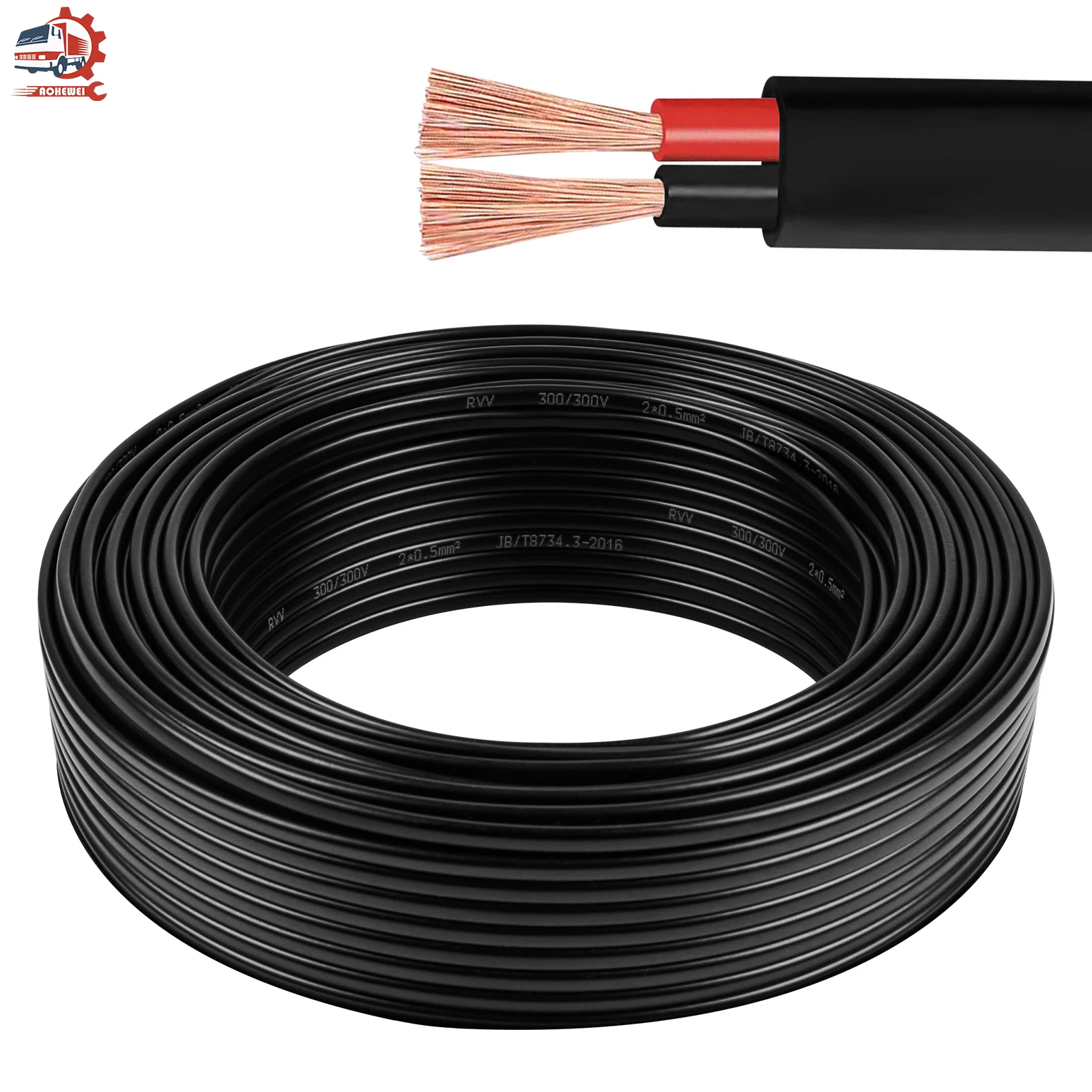 AOHEWEI Cable Wire For Truck Trailer 2 Core 2/5/10/20/30/40/50/60m Pure Copper Pvc Black Power Wire Cars Accessories