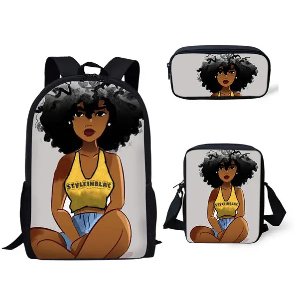 Kartun keren gadis Afrika 3 Pcs/Set ransel cetak 3D tas sekolah kampus siswa Anime Laptop tas makan siang tas pensil