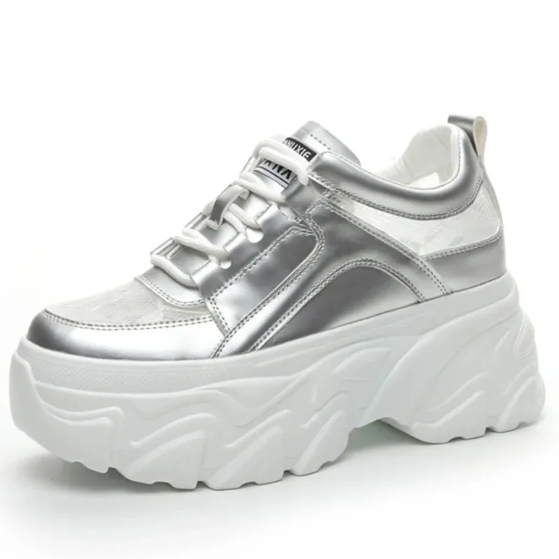 

9CM Air Mesh Synthetic Genuine Leather Platform Chunky Sneakers Women Summer Comfy Breathable Sliver Women Casual Shoes Female