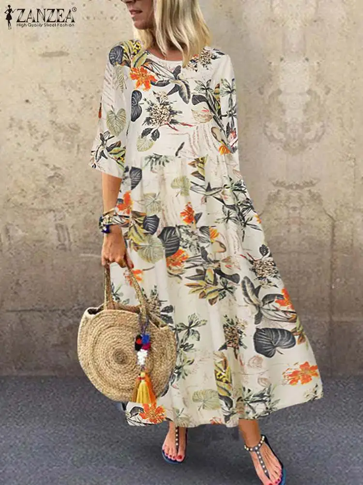 2024 ZANZEA Summer Women Bohemian 3/4 Sleeve Casual Loose Sundress Vintage Floral Printed Party Dress Holiday Vestido Robe Femme