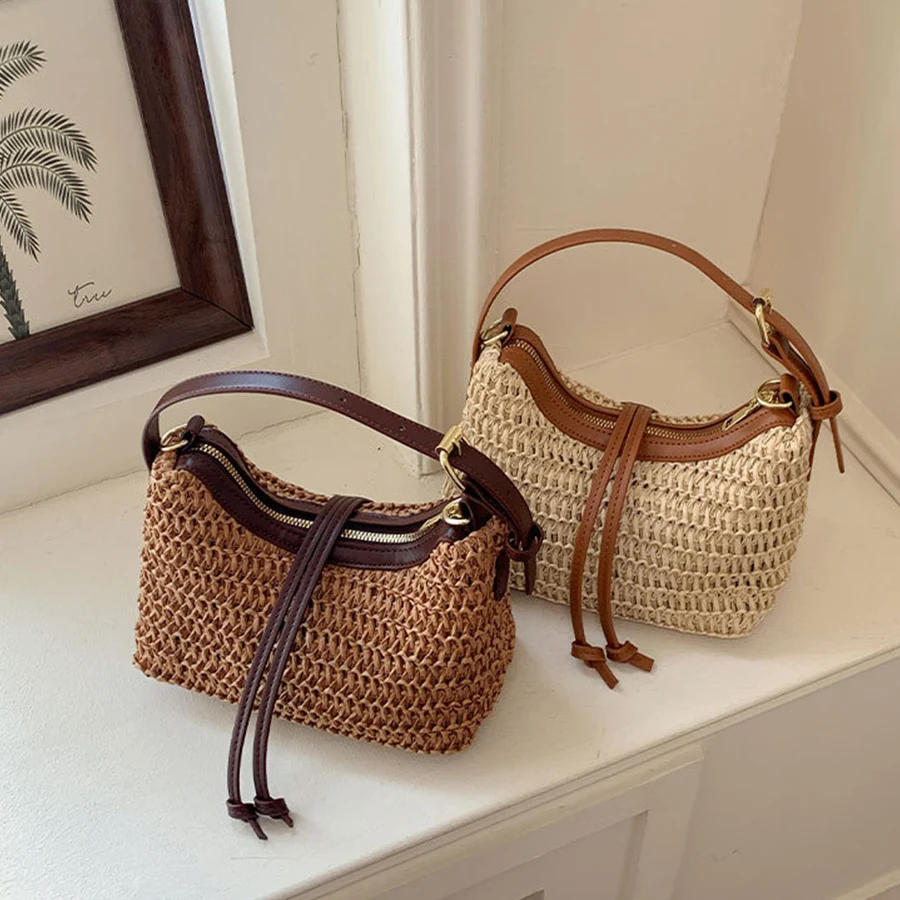 

Pu Handle Straw Bags for Women Half Moon Rattan Woven Shoulder Bag Bohemian Travel Beach Bag Half Moon Design Crossbody Handbags