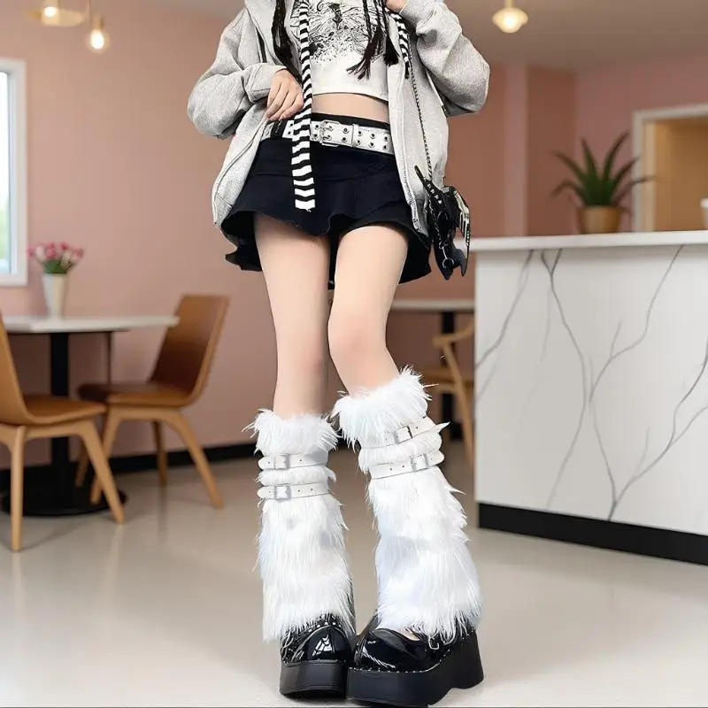 **Women Leg Warmers Faux Fur Sock Boot Covers Pink Buckle Design Spice Girl Y2K Style JK Fashion Stackable Winter Wear
