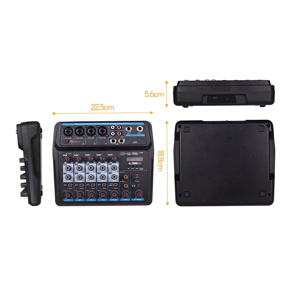 U6 Musical Mini Mixer 6 Channels Audio Mixers BT USB Mixing Console with Sound Card Built-in 48V Phantom Power EU Plug