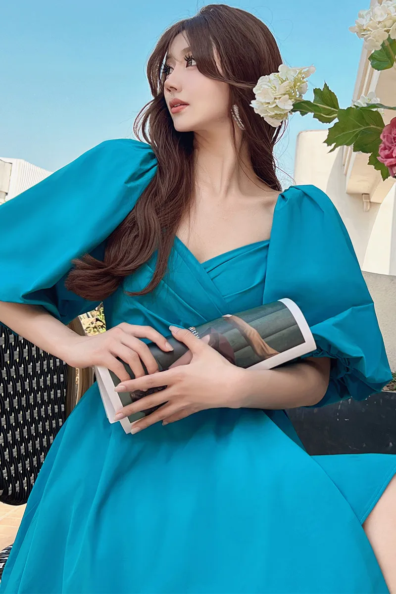 

Dabuwawa Sweetheart Neck Dress Lantem Sleeve A-Line Skirt Back to School Vintage Effortless Chic Top Summer Women New DM1BDR035