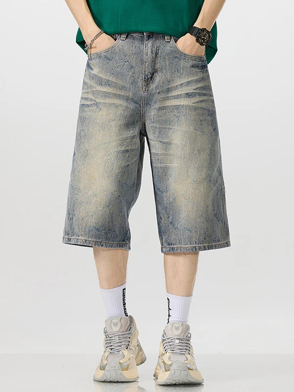 

Retro American Knitted Seven-Foot Men's Jeans Casual Loose Straight Leg Summer New Sle High End Trendy Brand Knee-Length