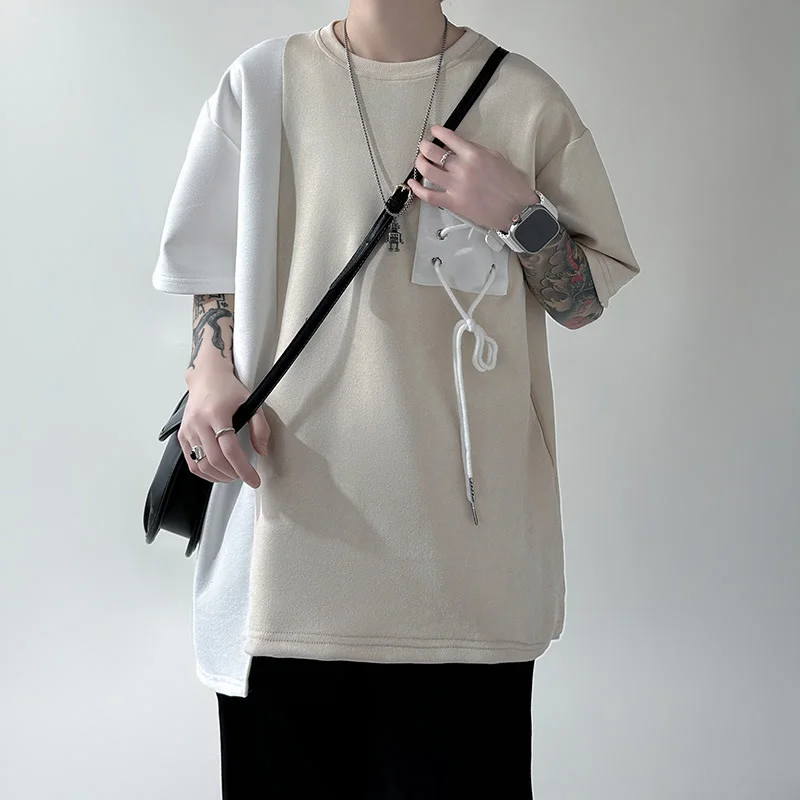 

Vintage Loose Fit Men's T-Shirt Drawstring Pocket Design Color Block Streetwear Short Sleeve Top for Summer