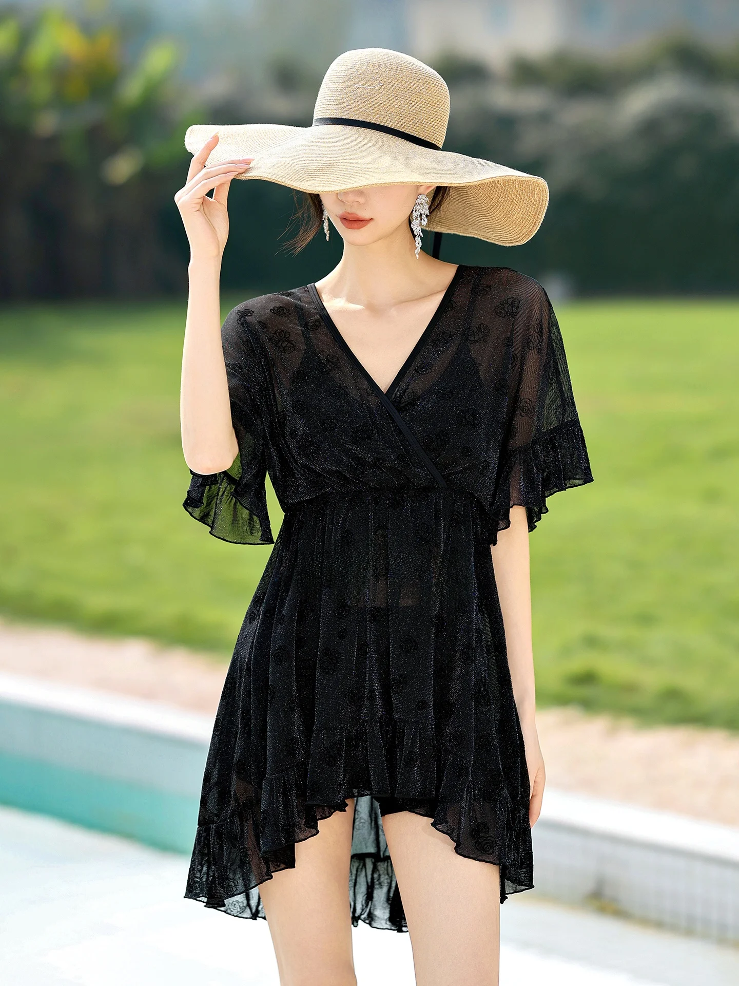 

plus Size Bikini Set Women's Thermal Spa Swimsuit Slimming Cover up Three Piece Swimsuit V Neck Short Sleeve Nylon Spandex