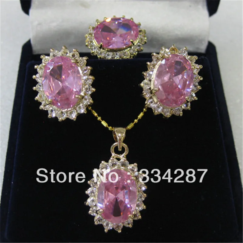 Wholesale fashion Pink Zircon Crystal Link Earrings /Ring / Necklace Pendant Set