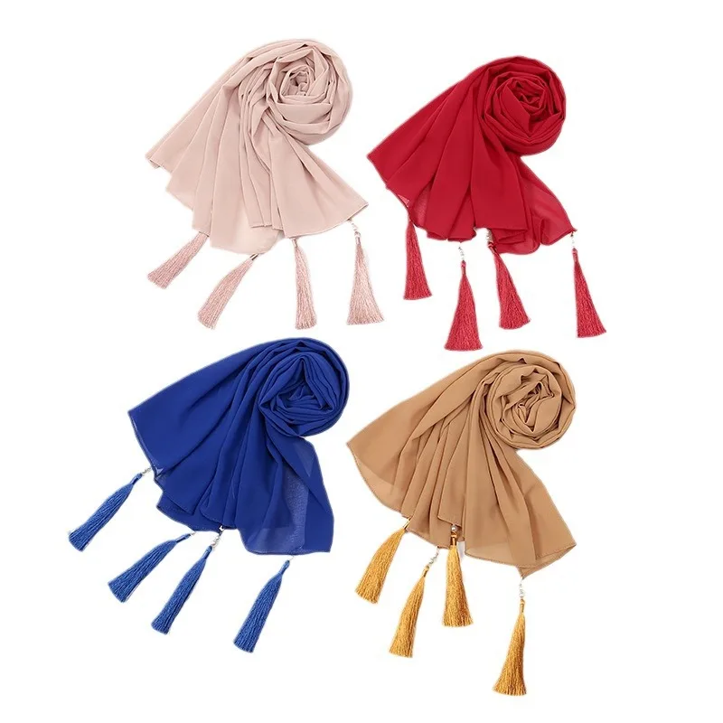 

Модные жемчужные шифоновые шали-хиджабы с бахромой, мусульманские женщины, высокое качество, однотонные повязки на голову, шарф для женщин, повязки на голову, платок