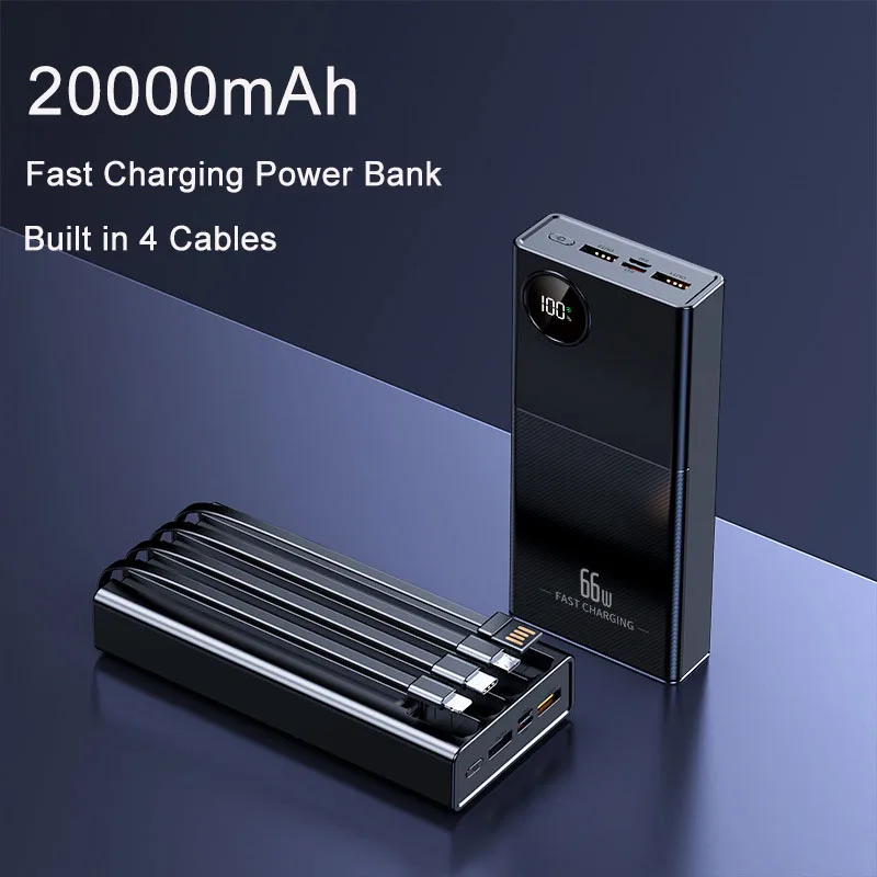 

Power Bank 20000mAh Portable 66W Fast Charging Powerbank Built in Cables Digital Display External Battery Pack for iPhone Xiaomi