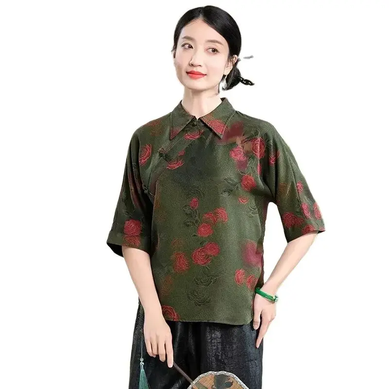 BirdTree, 100%Real Silk XiangYunSha Shirts, Women Half Sleeve Printed, Oversize Mom Chinese Style Blouse, 2024 Summer T44480QC