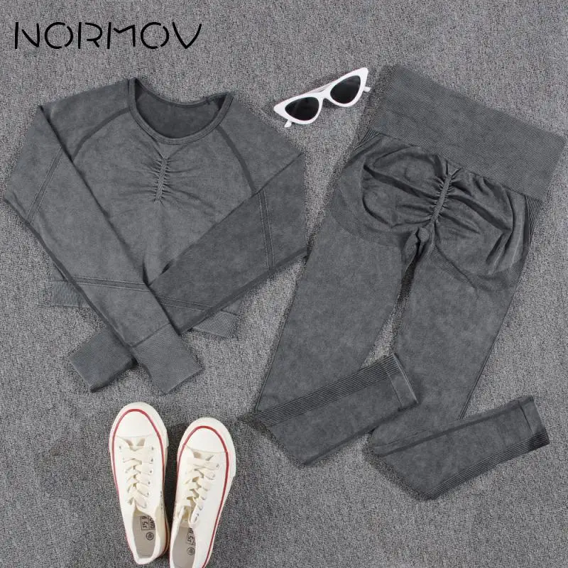 NORMOV Gym Sets Women Seamless Sportswear Push Up Woman Yoga Set High Waist Female Tracksuit Long Sleeve Workout Set Buttocks