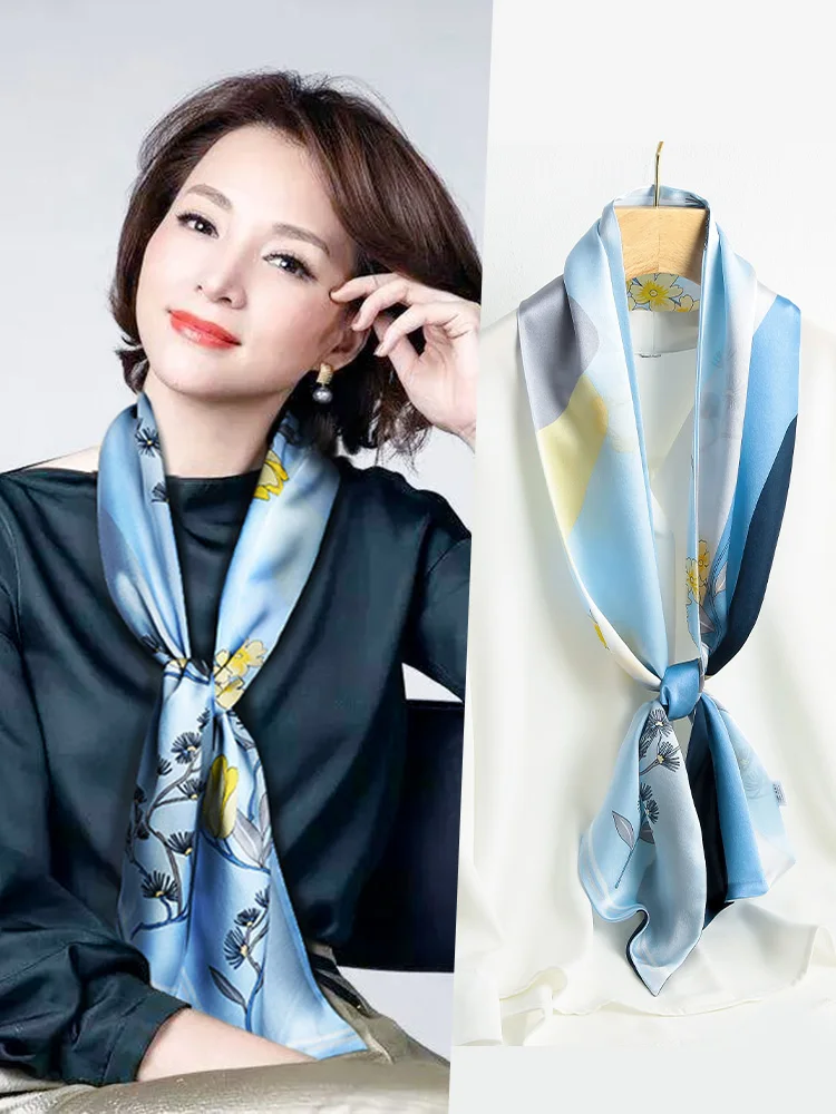 ブルーシルクスカーフ女性の新しい2026年長くて薄い高級感のあるスカーフ春の首保護マッチスーツシャツファッショナブルな装飾…