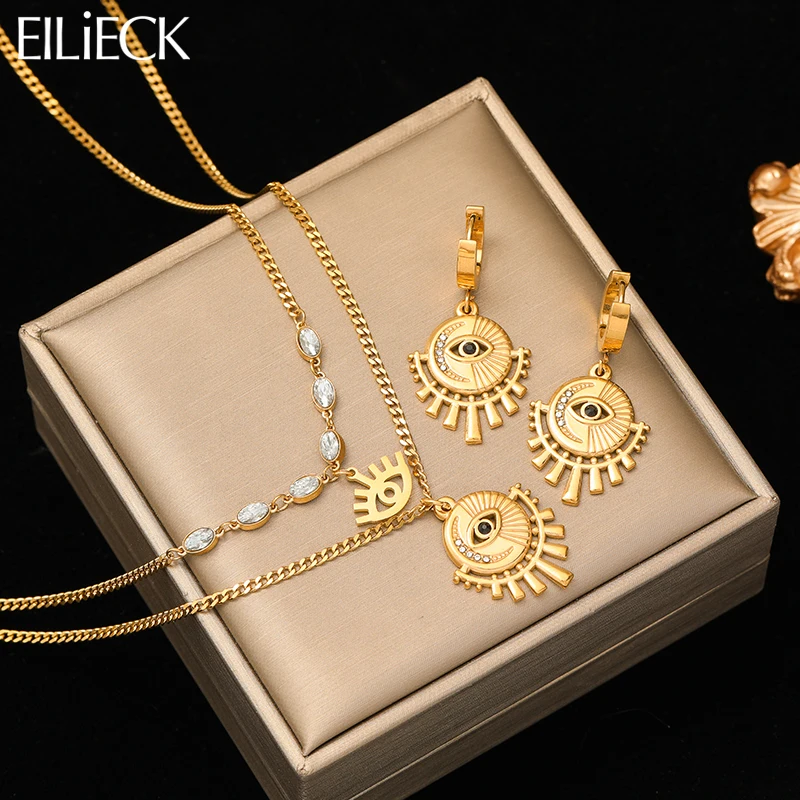 EILIECK 316L Stainless Steel Vintage Eyes Pendant Necklace Earrings For Women Girl Fashion Waterproof Jewelry Set Holiday Gifts