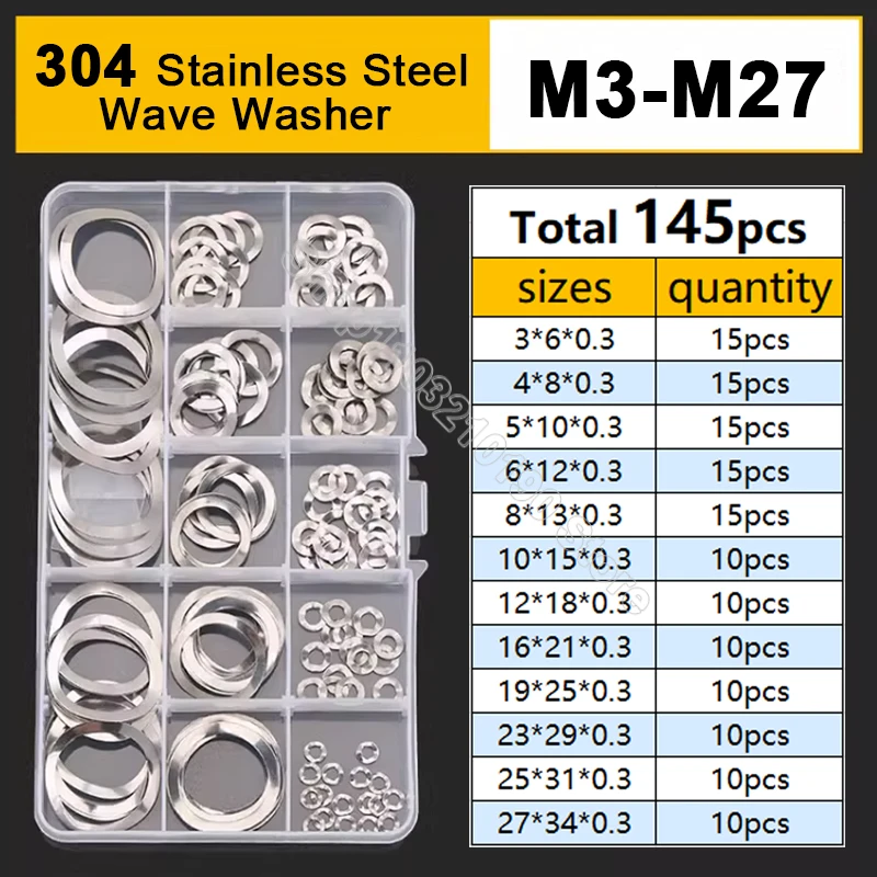 145pcs/Box Wave Washers Set 304Stainless Steel Spring Washer Elastic Metal Gasket Internal Assortment Kit M3 M4 M5 M6 M8 M10-M27