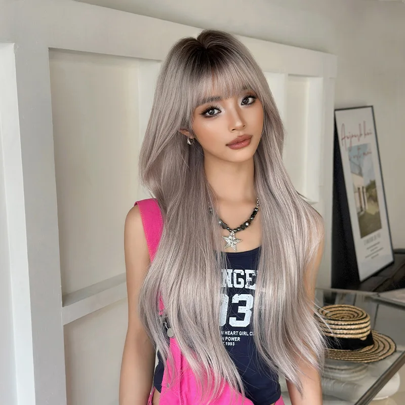 شعر مستعار، شعر نسائي طويل مستقيم، قهوة وردية، صبغ الرأس، غرة، شعر طويل