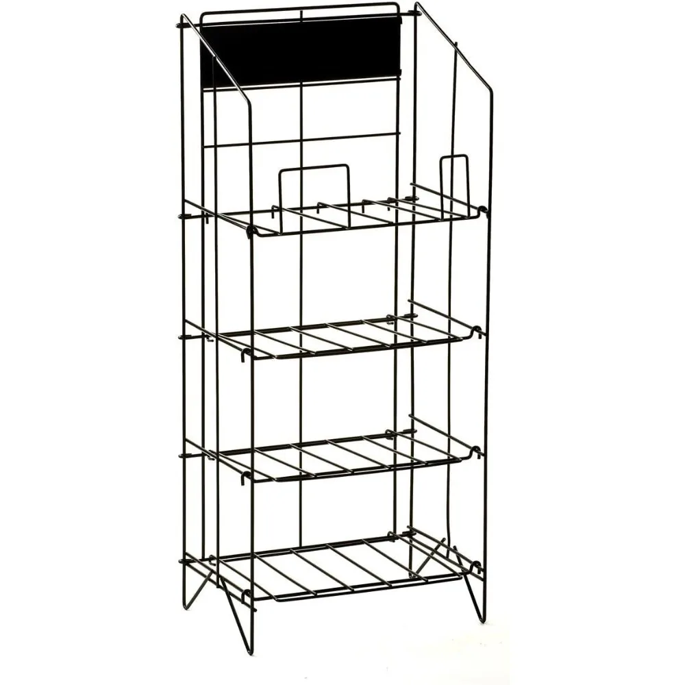 

Wire Newspaper Stand with 4 Shelves, Free-Standing, Adjustable-Height Pockets, with Nameplate - Black