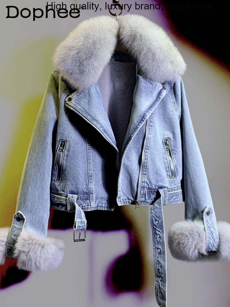 

Plush Thickened Warm Liner Parkas Women's Short Denim Cotton Coat 2023 New Winter Clothes Detachable Fox Fur Collar Jean Jacket