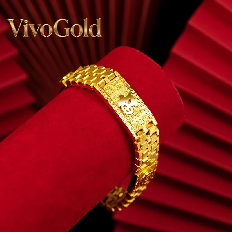 Pulsera de Monedas con Cien Bendiciones en Oro Antiguo de 24K (AU999) para Hombre VivoGold | Moneda antigua con textura martillada y cordón de cuero