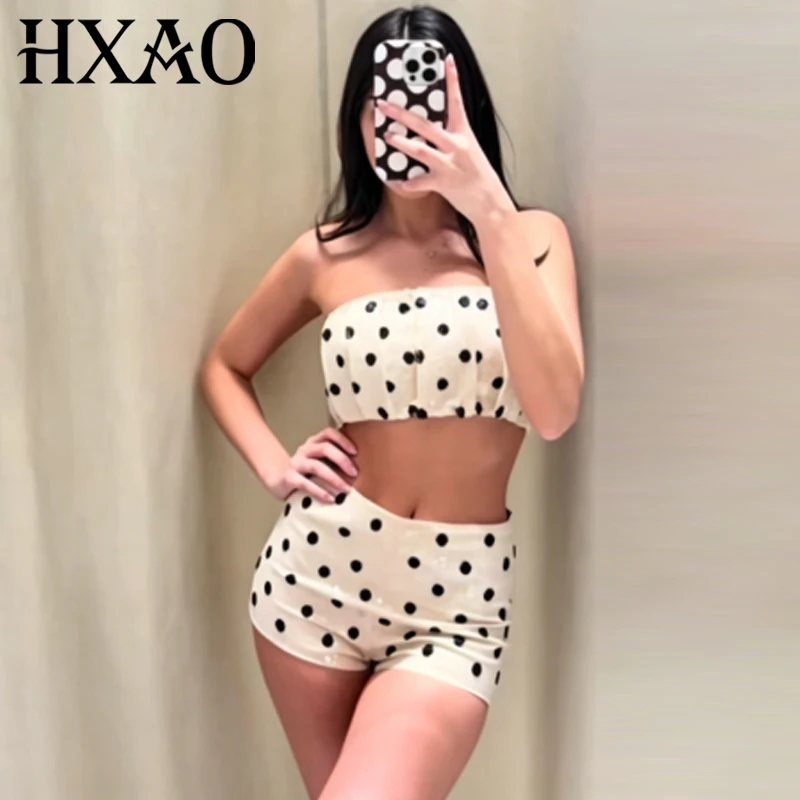 

HXAO Women's Polka Dots Sequin Shorts Sets Elegant Female Sets Strapless Crop Backless Vest Outfit Chic Mini Low Waist Short Set
