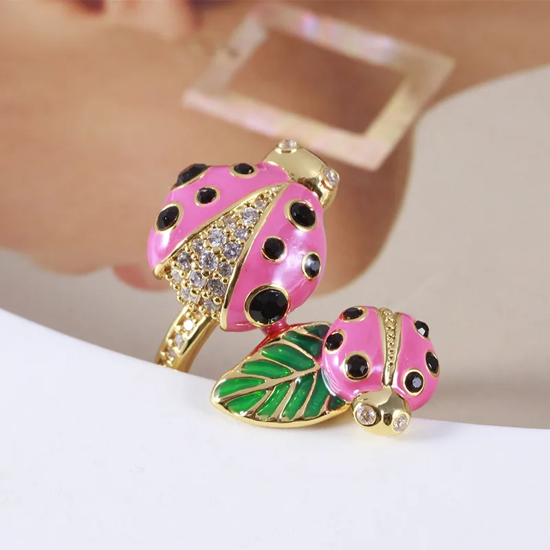 

European American Jewelry Personalized Creative Enamel Color Glaze Pink Ladybug, Green Leaf Shape Rhinestone Adjustable Rings