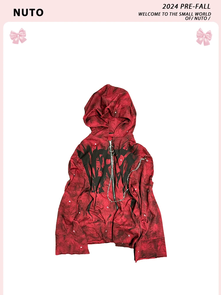 خطابات الطباعة Vintage معطف القوطية المرأة سلاسل معدنية الأحمر الشرير ثقافة فرعية البلوز مقنعين سترة معطف خارجي فضفاض