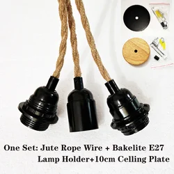 Jute Rope Pendant Lamp Ceiling Lighting Fitting E27 Bakelite Lamp Holder Hanging Kits with Hemp Rope Cable Holder Lamp Socket