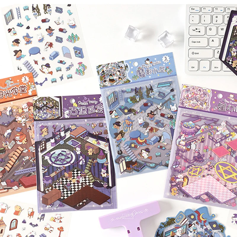 4 sets of landscape sticker sets, miniature magic themed stickers, collageable scenes, high transparency PET glossy film, DIY ma