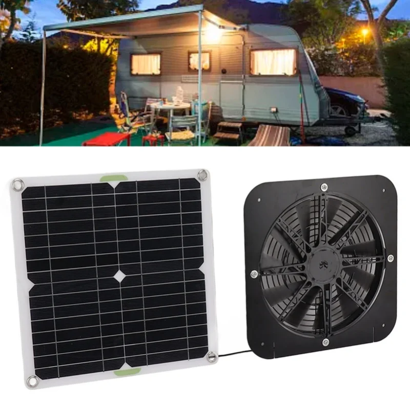 100W Round Solar Powered Fan 13.5 Inch Effective Cooling Solar Panel Kit For Chicken Coop Greenhouse Dog Kennel