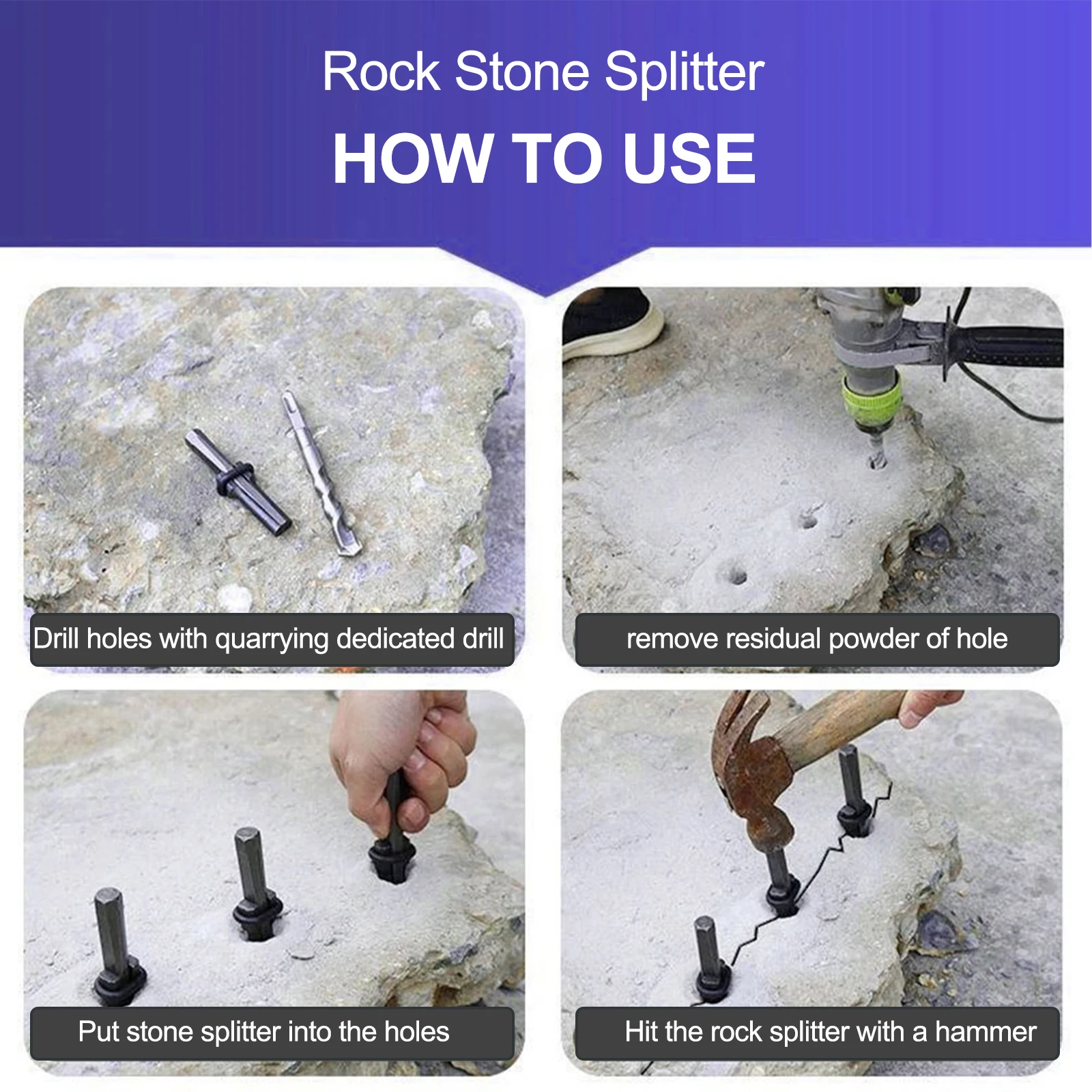 

Stone Cleaver Wedge Hand Tools Rock Stone Splitter Rock Splitter Quarrying Wedge Sliver Metal Toughness 3pcs Drill Hole