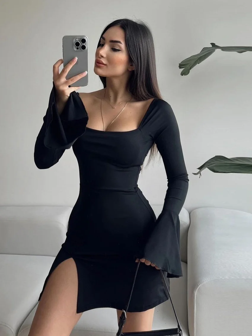 

Marthaqiqi Winter Women Pajama Sexy Square Collar Nightgown Long Sleeve Sleepwear Split Mini Dress Fashion Ladies Nightwear Slim